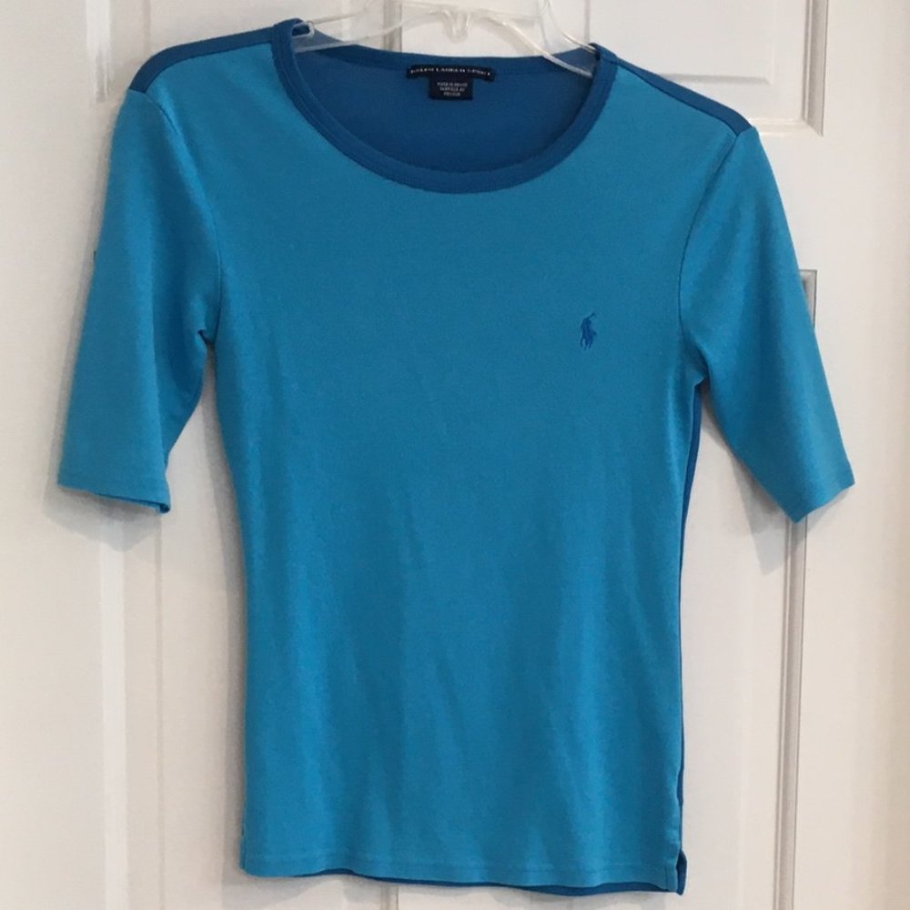 Lauren 2 Tone Blue Stretch SS Top size SP GUC